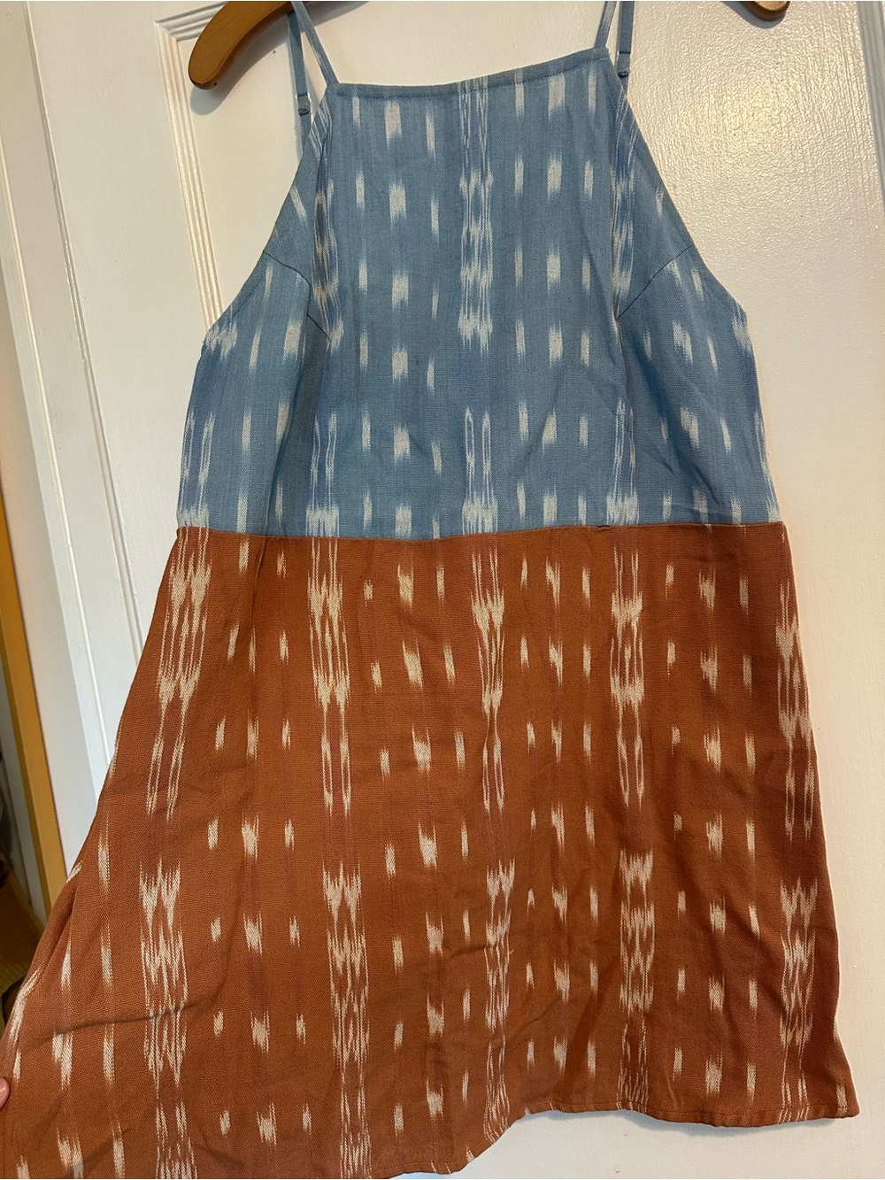 Boutique Artisan Dress with Pockets in Light Blue and Rust